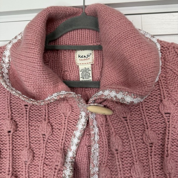 Kenji Handknit Small Pink Cropped Cable Knit Cardigan Shawl Collar Cottagecore - Picture 4 of 7